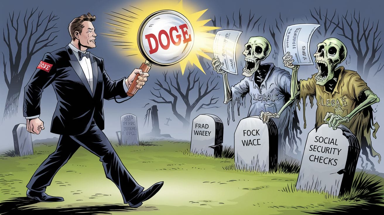 Doge-themed political cartoon with skeletons, graves, and a figure holding a magnifying glass