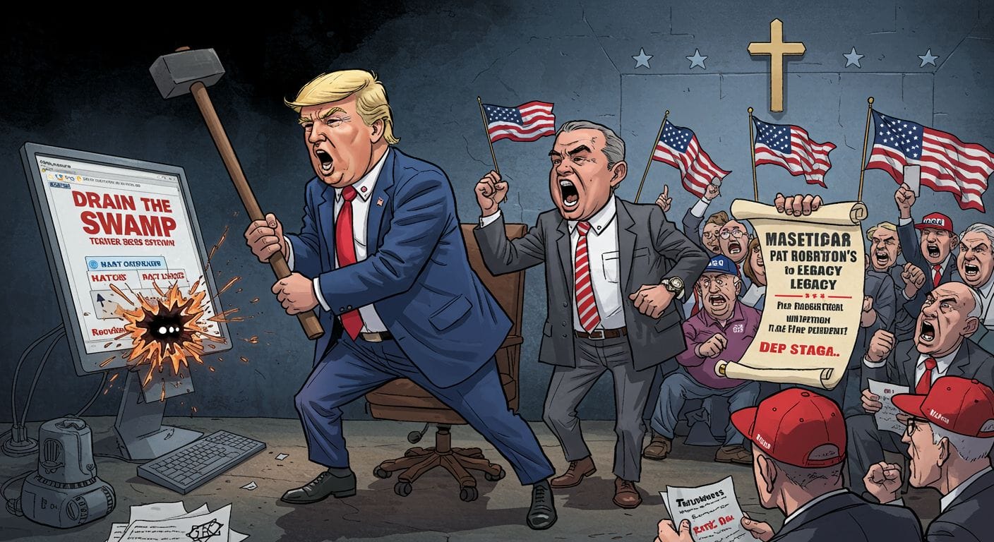Political cartoon depicting Trump smashing computer with hammer, supporters with American flags and scroll about Pat Rober...