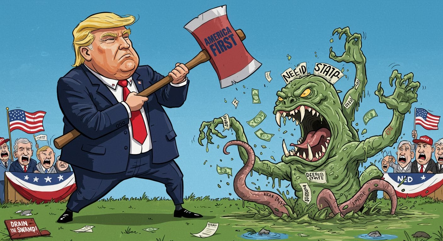 Political cartoon depicting a figure wielding an axe against a swamp monster labeled with government agency acronyms