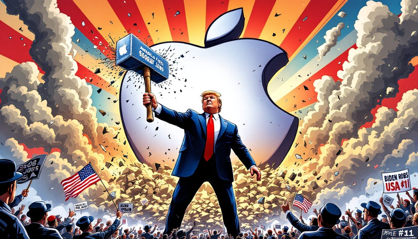 Cartoon of a political figure smashing an Apple logo with a hammer, surrounded by cheering crowd and American flags