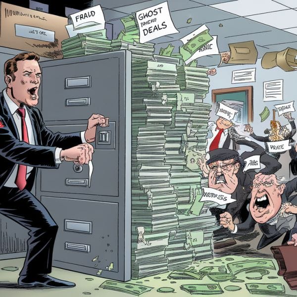Political cartoon depicting Pentagon waste with multiple figures and cash files