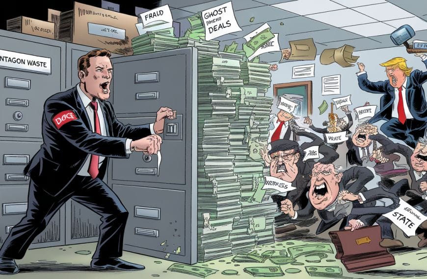Political cartoon depicting Pentagon waste with multiple figures and cash files
