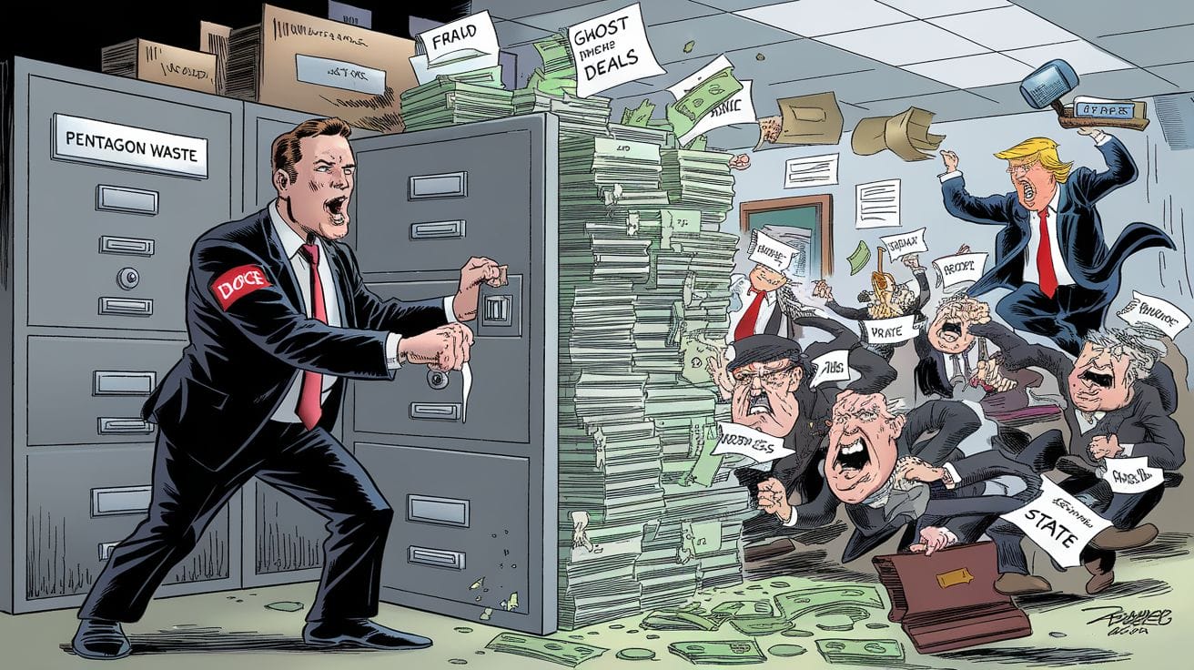 Political cartoon depicting Pentagon waste with multiple figures and cash files