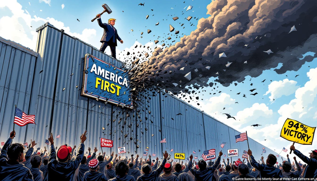Political cartoon of Trump breaking through border wall with America First sign, crowd cheering below