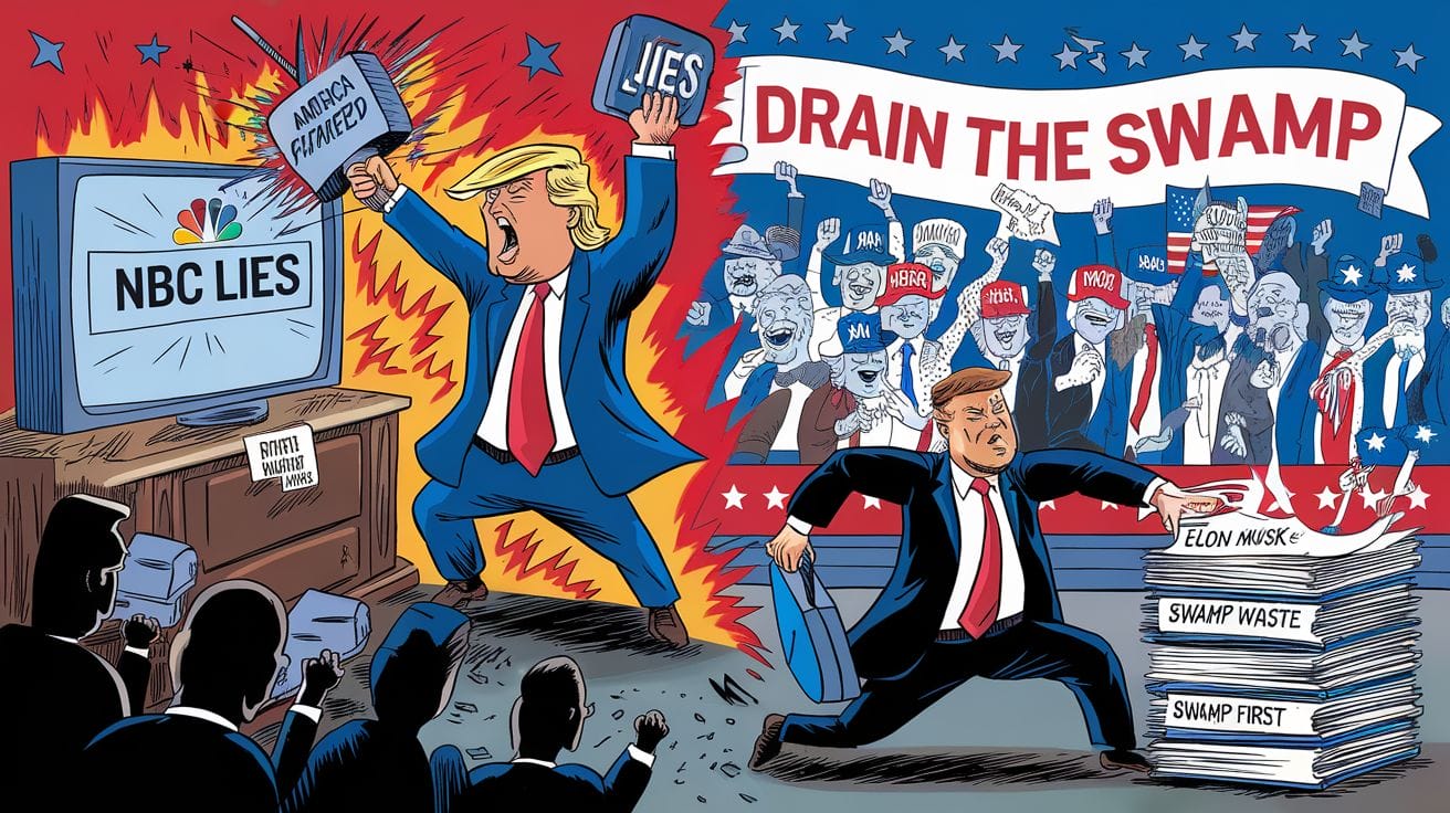Political cartoon depicting Trump battling media with supporters cheering "Drain the Swamp