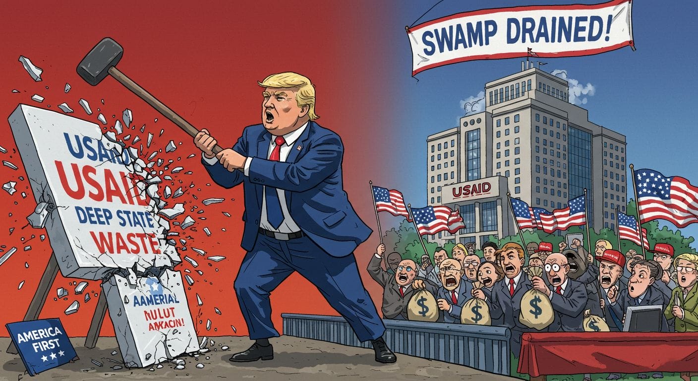 Political cartoon of Trump smashing USAID sign with hammer, supporters with money bags cheering in background