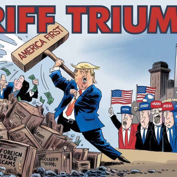 Political cartoon of Trump smashing trade policy boxes with an "America First" hammer, surrounded by suited figures and in...