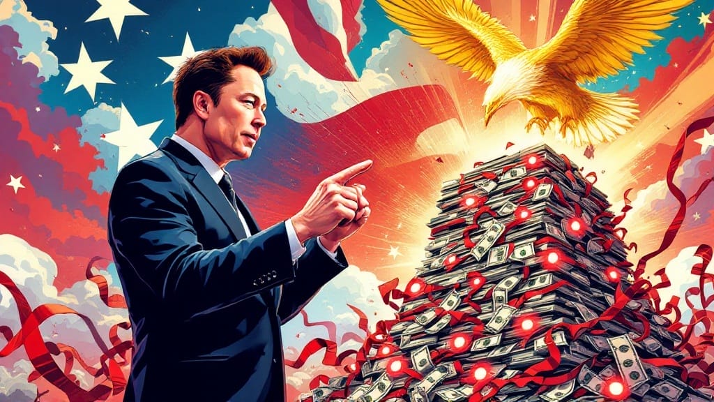 Businessman pointing at money pile with golden eagle, American flag background