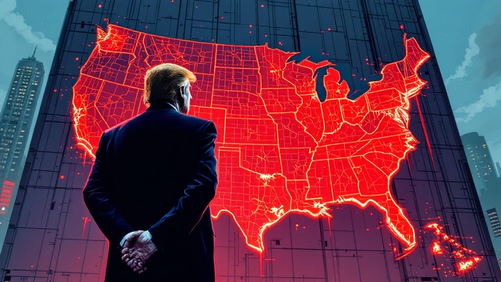 Person viewing glowing red digital map of United States in urban cityscape setting