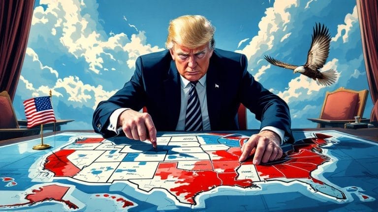 Political figure examining US electoral map with red and blue states, eagle flying in background