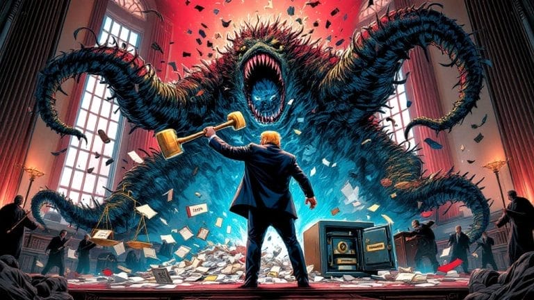 Person facing giant monster in government office with scattered papers and legal scales