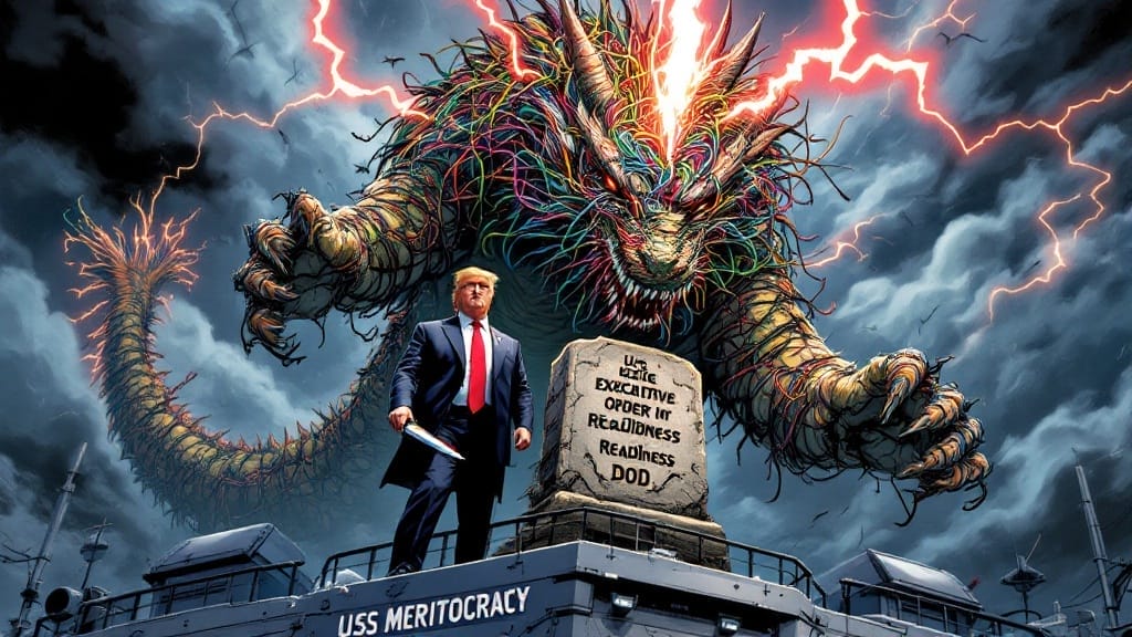 Political cartoon of Trump standing on USS Meritocracy, facing monstrous bureaucratic creature amid lightning storm