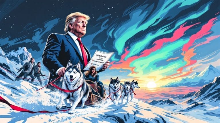 Illustration of man in suit with red tie holding newspaper titled "Greenland" while standing with sled dogs in snowy, moun...