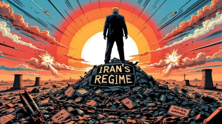 Symbolic political cartoon of figure standing on rubble pile labeled Iran's Regime, sunset background with explosions