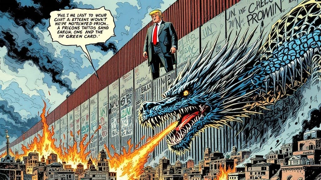 Political cartoon of Trump at border wall with dragon breathing fire, representing immigration policy debate