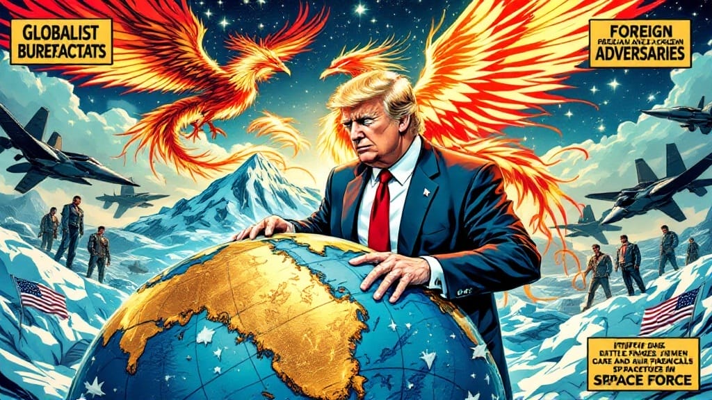 Trump with phoenix wings standing over globe, military jets and soldiers in Arctic landscape