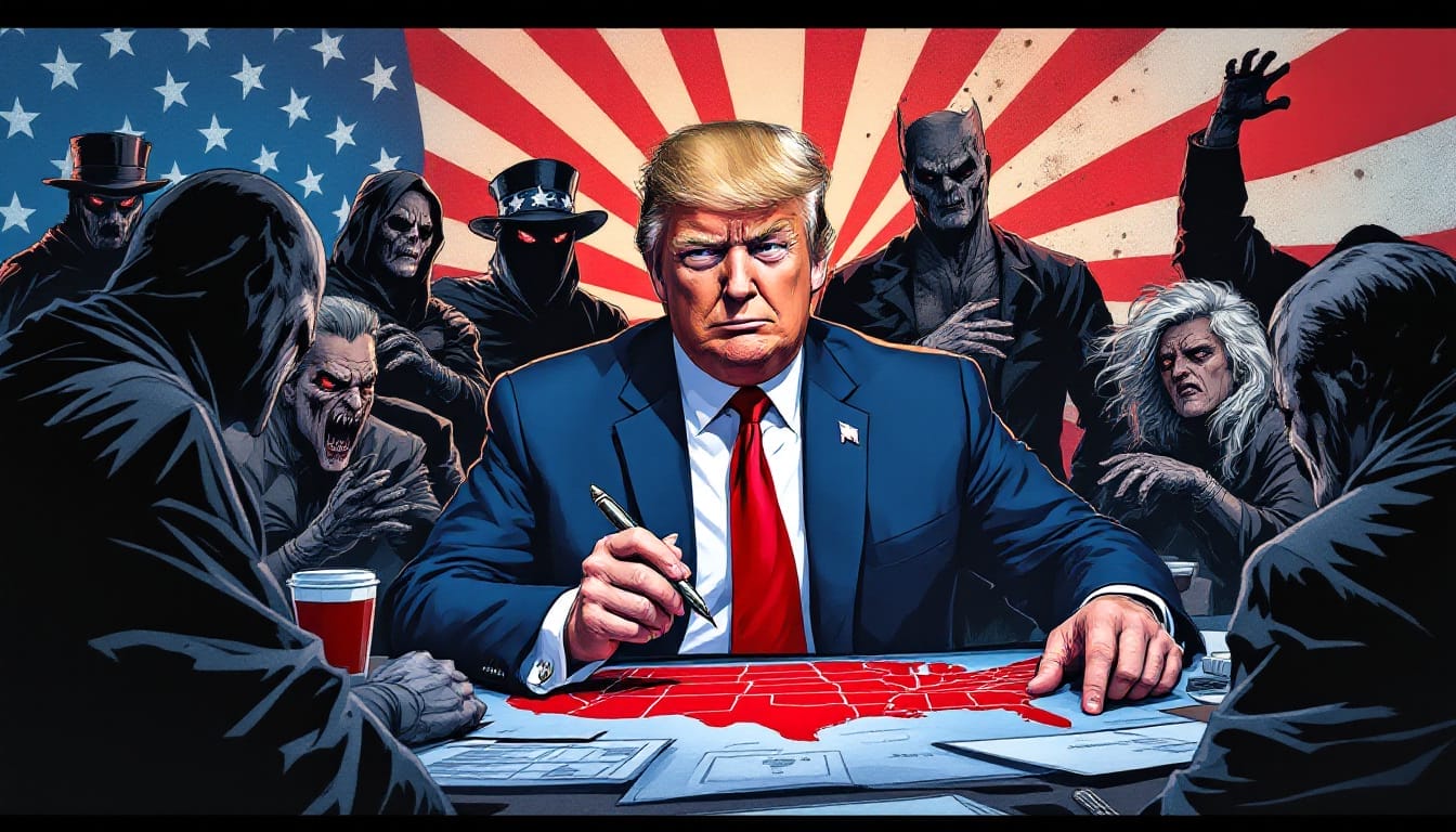 Political cartoon of a leader in blue suit surrounded by dark, supernatural figures with US flag background