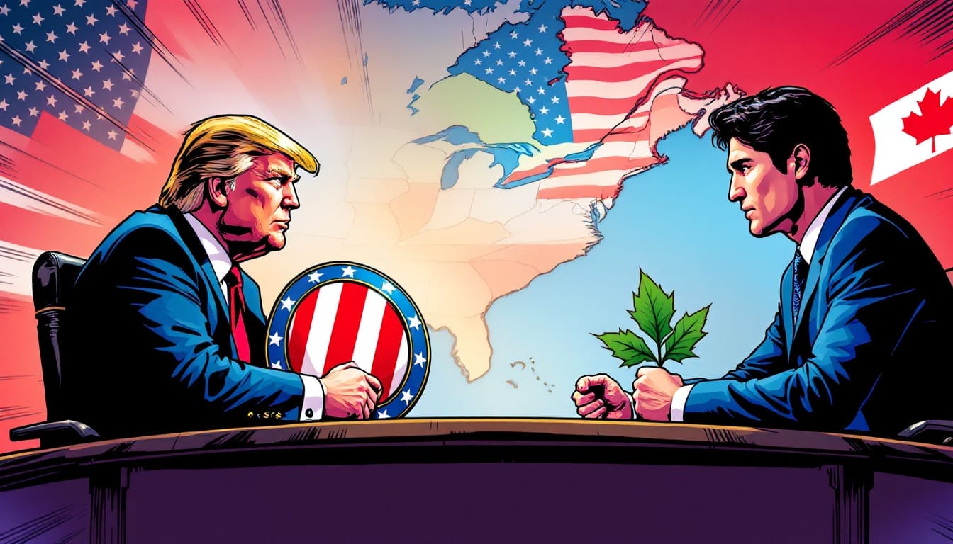Cartoon of two leaders facing off with US and Canadian flags, map background, trade tensions illustration