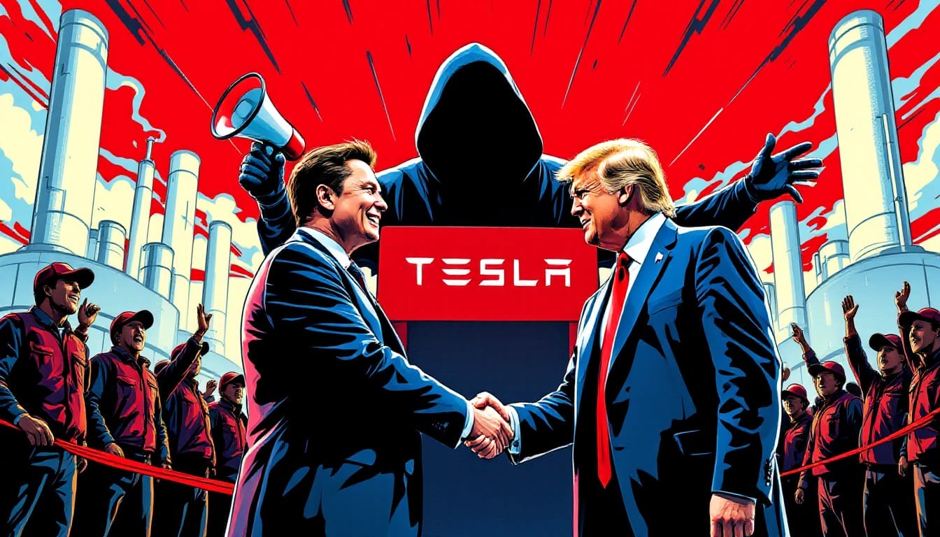 Dramatic illustration of Tesla logo with two political figures shaking hands, hooded figure with megaphone