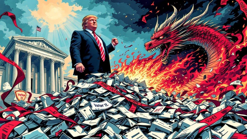 Dramatic illustration of political figure amid burning pile of voter ballots near Supreme Court